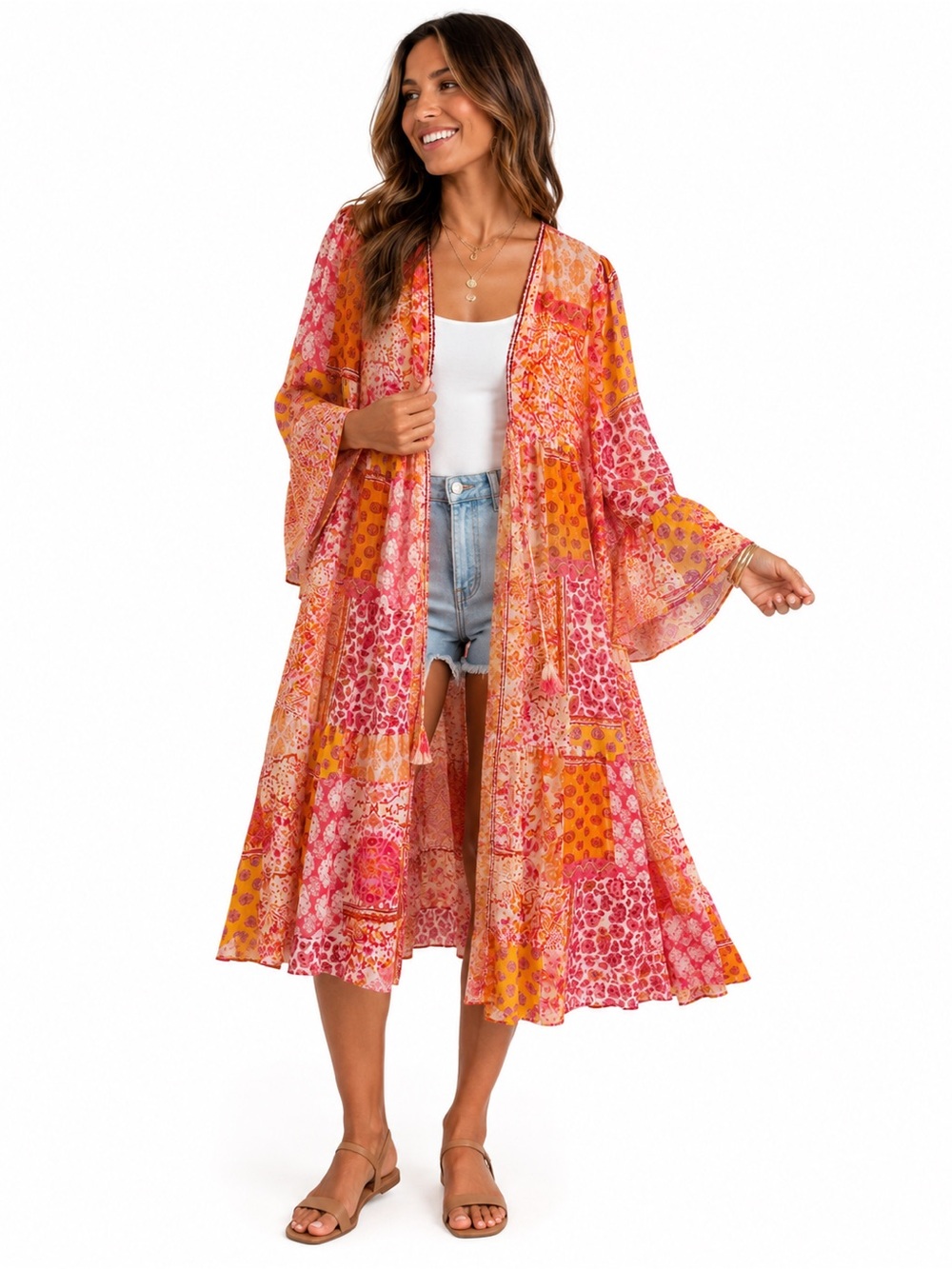 Umgee Boho Patchwork Long Kimono Duster Size M Pink Orange Sheer Metallic